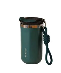DRUCK SOLUTIONS Stylischer Thermobecher für Heiß- und Kaltgetränke, 320 ml, Edelstahlisolierung, Trageriemen und Deckel,