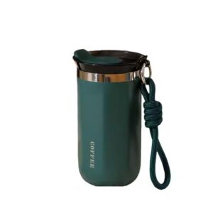 DRUCK SOLUTIONS Stylischer Thermobecher für Heiß- und Kaltgetränke, 320 ml, Edelstahlisolierung, Trageriemen und Deckel,