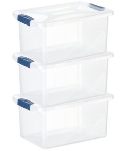 3 x Aufbewahrungsbox mit Deckel und Verschluss-Clips, BPA-frei, stabil, 30 Liter, stapelbar, dunkelblau-transparent | 3