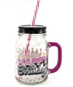 Leonardo Collection Happy Birthday Einmachglas 13,97 cm Geschenk für Kinder und Erwachsene mit Griff und Strohhalm