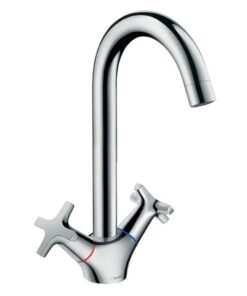 Hansgrohe Logis 2-Griff Küchenarmatur Komfort-Höhe 220mm mit Schwenkauslauf und Kreuzgriffen, Chrom | Efficient Wasserau