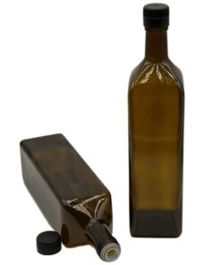 2 Ölflaschen 1000 ml aus Glas für Küchenanwender mit integriertem Ausgießer aus Kunststoff und Durschaufdruck-Etiketten