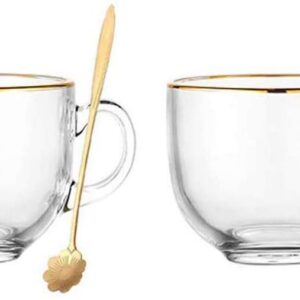 KKGUD 2er-Set Teetassen aus Glas mit Goldrand für Haferflockenjoghurtdrinker (einfaches Design, 16oz) KKGUD 2er-Set Gl