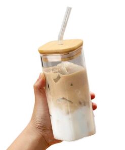 Deckelglas mit Strohhalm für Eiskaffee und Smoothies 400 ml, Retro Sommer Drinkbecher für Latte Macchiato und Cocktails