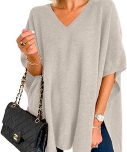 Melliflo Damen-Poncho mit V-Ausschnitt leicht einfarbig - Pullover Schal Umhang Baggy Tops