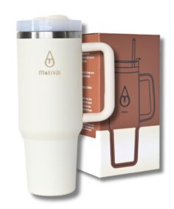 Motivai® Thermobecher 40oz Creme - edelstahlbecher mit Griff und Strohhalm - perfekt für Outdoor-Aktivitäten - leicht zu