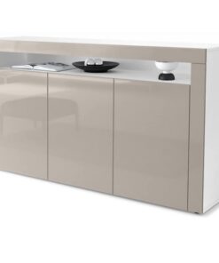Vladon Sideboard Valencia, Weiß matt/Sandgrau Hochglanz, ideal für das Schlafzimmer, praktische Kommode mit 3 Türen und