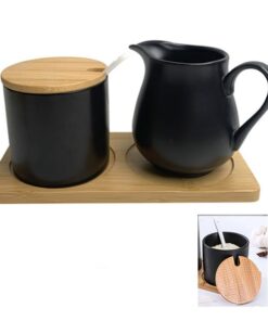 Schwarze Keramik Milch und Zucker Set, 5-teilig mit Deckel und Löffel für die Küche | Keramik Sahnekännchen und Zuckerd