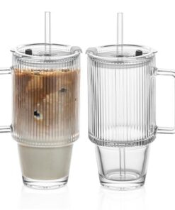 KEMORELA 2PCS 24 Oz Gerippte Glasbecher – Longdrinkgläser für Eiskaffee & Smoothies, Carbonfree Certified