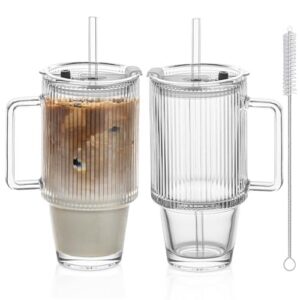 KEMORELA 2PCS 24 Oz Gerippte Glasbecher – Longdrinkgläser für Eiskaffee & Smoothies, Carbonfree Certified