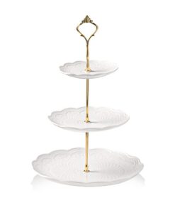 Sweejar Kuchenständer aus Keramik, 3 Ebenen, für Teepartys, Hochzeiten, Dessert- und Cupcake-Ständer (Weiß Rosa) Sweej