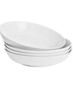 WishDeco Groß 4er Porzellan Pastateller Weiß, Suppenteller Tief 1100ml, Speiselieferschüssel für Spaghetti, Nudeln, Obst