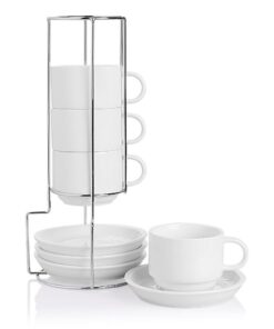 SWEEJAR Porzellane Cappuccino-Tassen (weiß) - für Kaffeespezialitäten - stapelbar - 4er-Set - mit Untertassen & Ständer