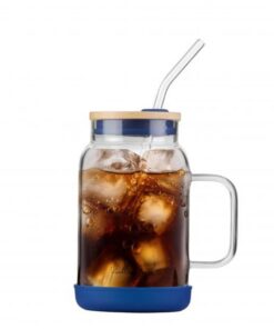 Vialli Design Glasbecher mit Glasstrohhalm 600 ml, Dunkle Elemente, Kochlokal, Zuhause, Eiskaffee, Smoothie, Hochwertige