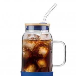 Vialli Design Glasbecher mit Glasstrohhalm 600 ml, Dunkle Elemente, Kochlokal, Zuhause, Eiskaffee, Smoothie, Hochwertige