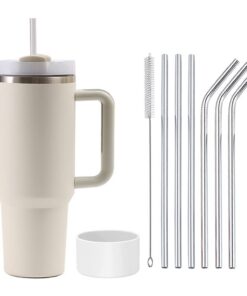 Moollyfox Doppelwandiger Vakuum Becher 40 oz Reisebecher mit Strohhalm und Silikonabdeckung Beige