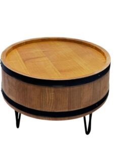 Weeco Rustikaler Weinfass-Couchtisch - Holz mit Metallringen und Stahlbeine, 51 cm Durchmesser, 43 cm Höhe