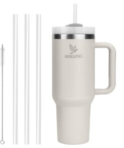 WALLFID Edelstahl Thermobecher 40oz Vakuum-Isoliert Cremefarben -Für Heiß- und Kaltgetränke mit Deckel, 3 Strohhalmen un