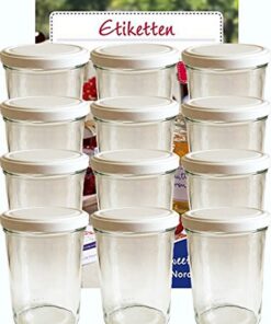 hocz Sturzgläser 12er Set 435 ml mit Deckel weiß & Etiketten für Marmeladenglas Einmachglas