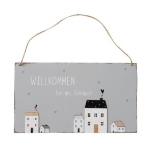 Boltze Willkommen Blechschild Deko für Zuhause und Garten 28x16cm mit Jute Henkel