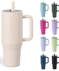 Moollyfox Isolierbecher Beige Auslaufsicher Edelstahl Doppelwandig Reisebecher mit Griff & Kaffeetasse mit Strohhalm Bei