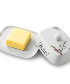 Hochwertige Porzellan-Butterdose mit Griff für 250g Butter, Weiß und Farbig mit Vogelmuster, Spülmaschinengeeignet, klas