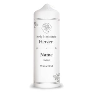 GRAVURZEILE Personalisierte Kerze Vintage Rosen - Trauerkerze zur Beerdigung - Hochwertige Stumpenkerze Weiß 250/80 mm