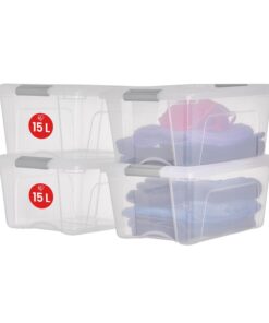 Iris Ohyama(ntb-15) Aufbewahrungsboxen mit Deckel 15L 4er-Set BPA-frei Silber Verschlussclips
