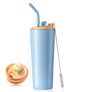 Homealexa 710ml Vakuum Isolierbecher mit Deckel und Strohhalm für Reise Heiß und Kalt Trinken Edelstahl Wasserflasche