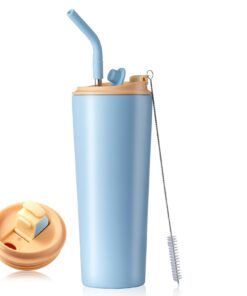 Homealexa 710ml Vakuum Isolierbecher mit Deckel und Strohhalm für Reise Heiß und Kalt Trinken Edelstahl Wasserflasche
