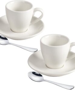 Porzellan Espressotasse mit Edelstahl Untertasse und Löffeln, 80 ml, Weiss | Espresso-Schnapsbecher aus Porzellan mit E