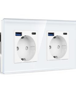 CNBINGO Doppelsteckdose mit 4× USB-Anschluss für Büro - Weiß mit Kindersicherung - |1A, Typ-C und USB-A - Zweifach Glas