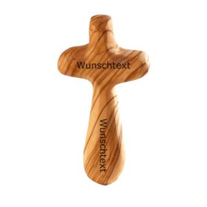 Kassis Kreuz mit Gravur aus Olivenholz – personalisiertes Handschmeichler-Kreuz aus Bethlehem – Geschenk zu Taufe, Kommu