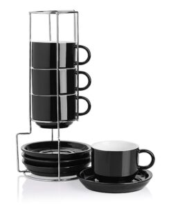 Sweejar Schwarz Porzellan Espressotassen 230 ml Stapelbar mettm Ständer - 4er Set Kaffeegetränke