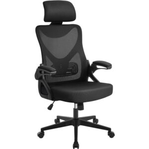 Yaheetech Bürostuhl Ergonomisch Schwarz - Drehstuhl mit Hochklappbaren Armlehnen und Verstellbarer Kopfstütze BlackFores