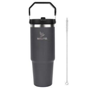 WALLFID 30oz Thermobecher Geschirrspüler Safe für Familien bei Reisen mit Stroh und Stroh Bürste (Grau Schwarz)
