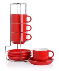 SWEEJAR Porzellan Cappuccinotassen (rot): Spezialtassen für Latte, Americano & Tee, 237 ml, 4er-Set mit Untertassen & St