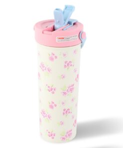 600 ml Edelstahl Trinkflasche mit Strohhalm - BPA-frei, 316 SS, mit Griffen für Tee & Kaffee (Rose)