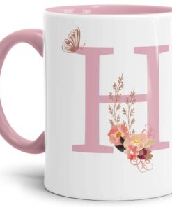 Buchstaben-Tasse mit Blumen Buchstabe H - Rosa Innen & Henkel - Geschenk-Idee Beste Qualität