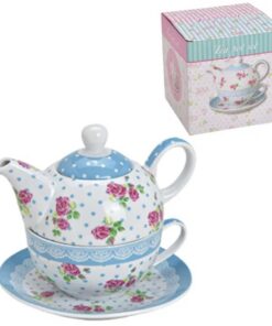 Porzellan Teekannen Set für Einsitzer mit funktionalem Design und Hochwertigem Stoff, geschenkverpackt (Blau mit Rosen)