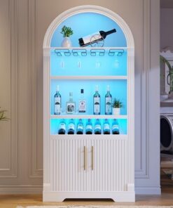 Weinschrank mit LED 3-Farben-Beleuchtung und 4-reihigem Rotweinglasregal, 180cm, modern, Holz, weiß