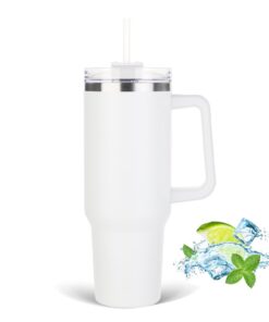JFABL Weißer Doppelwandiger Edelstahl Thermobecher mit Strohhalm und Henkel für Auto und Outdoor - 40 oz Vakuum Isolieru
