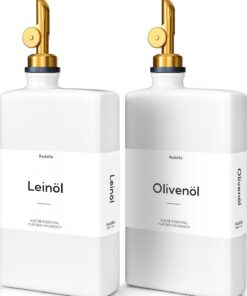 Ölflasche Set für Kochen und Grillen (Weiß Flasche + Golden Pumpe, 350ml) | Olivenöl Flasche mit Trichter und 40 Aufkle