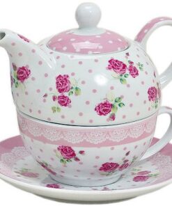 Tea for one Porzellan Kanne 3-teilig mit Tasse und Untertasse Rosa Rosen Motiv