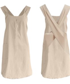 Küchenschürze Damen Baumwolle Leinen Einfarbig 2 Taschen Japan Stil Küche Backen Erwachsene (Khaki) Küchenschürze Dame