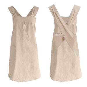 Küchenschürze Damen Baumwolle Leinen Einfarbig 2 Taschen Japan Stil Küche Backen Erwachsene (Khaki) Küchenschürze Dame