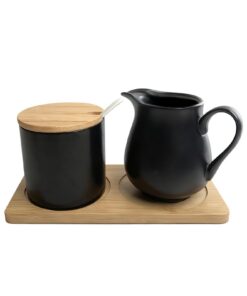 **Milch und Zucker Set mit Porzellan und Holz, Mikrowellen- und Spülmaschinenfest, perfekt für Familien** | **Schwarzes