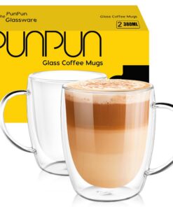 PunPun Klare Isolierglasbecher 2Er-Set Für Kaffee, Doppelwandige Tassen Mit Großem Griff, Jede 12,9 Unzen, 380 Ml, Ideal