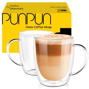 PunPun Klare Isolierglasbecher 2Er-Set Für Kaffee, Doppelwandige Tassen Mit Großem Griff, Jede 12,9 Unzen, 380 Ml, Ideal