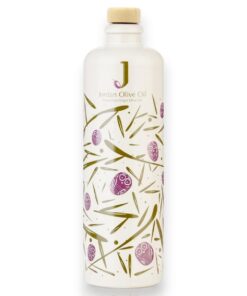 Jordan Olivenöl Keramik Ölflasche – Küche verwendet, matt weiß mit bunten Symbolen, lichtgeschützt nachfüllbar